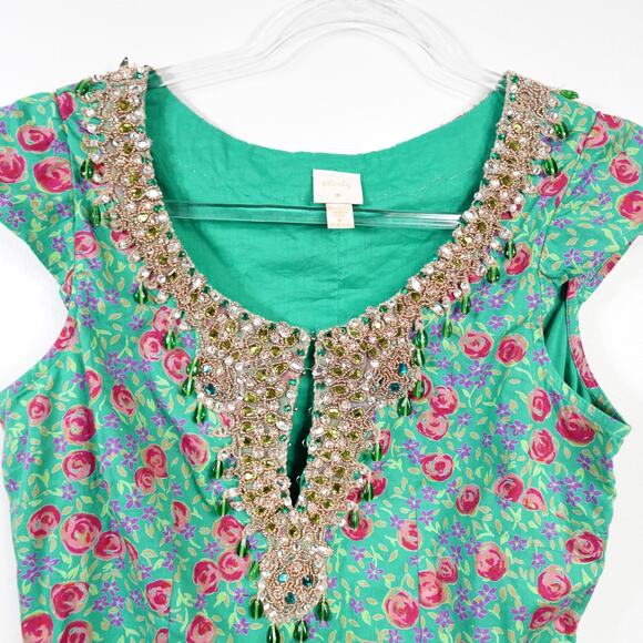 Vintage Plenty by Tracy Reese Green Floral Crystal Beaded Cotton Mini Dress 8 - Picture 6 of 16